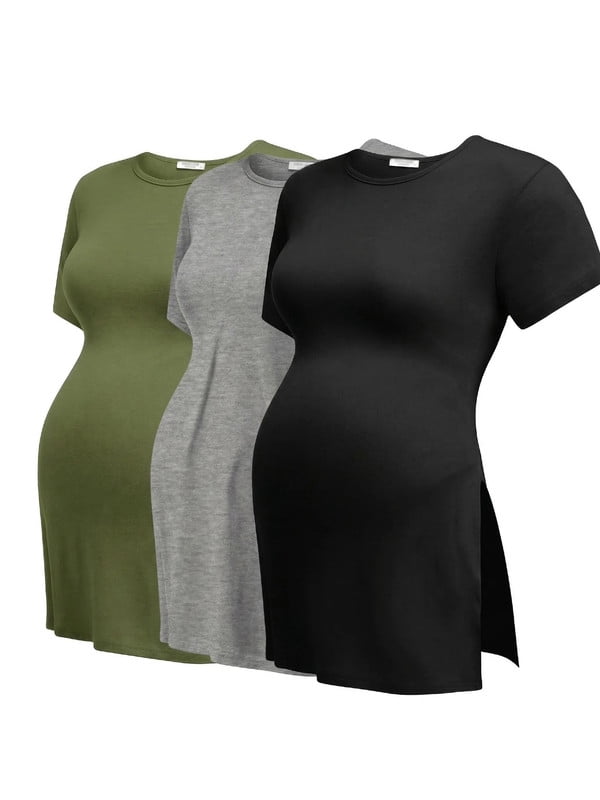 Weardear Maternity Shirts Side Split Tops Short Sleeve Crew Neck Tops(3 pack)