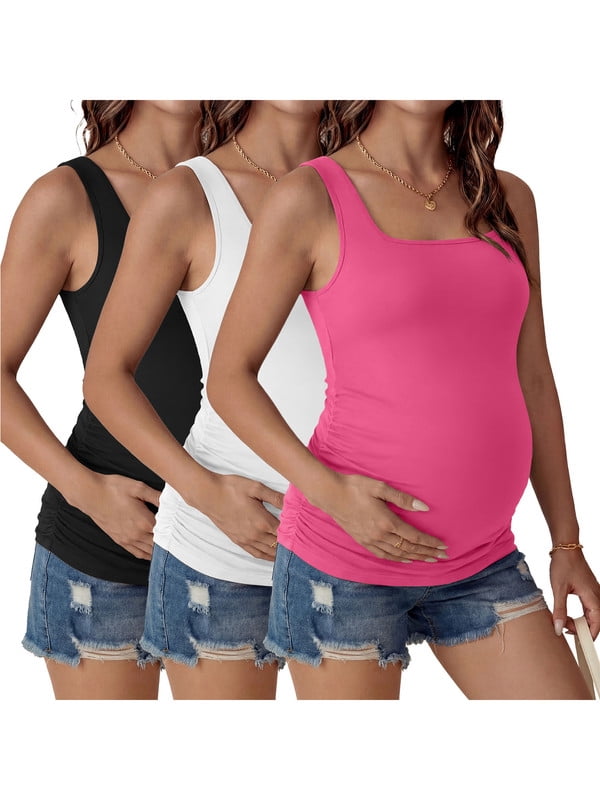 Weardear 3 Pack Womens Maternity Tank Tops Square Neck Ruched Side Pregnant Basic T Shirt Casual Sleeveless Pregnancy Tunic Tops