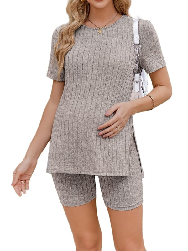Weardear Maternity Outfits Set 2 Piece Matching Sets Ribbed Knit Side Split Short Sleeve Shirts and Biker Shorts Pregnancy Loungewear