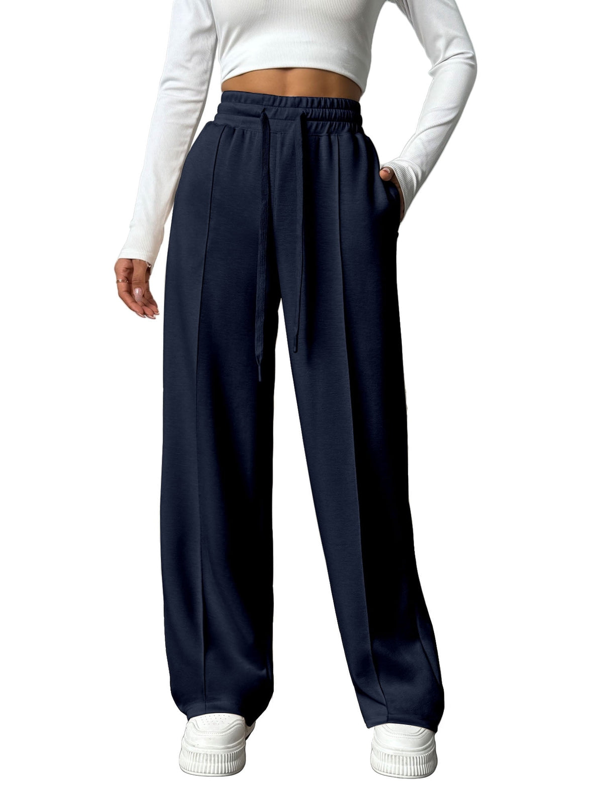 Weardear Petite Wide Leg Sweatpants for Women Drawstring Elastic Pants with Pockets High Waisted Workout Baggy Sweatpants
