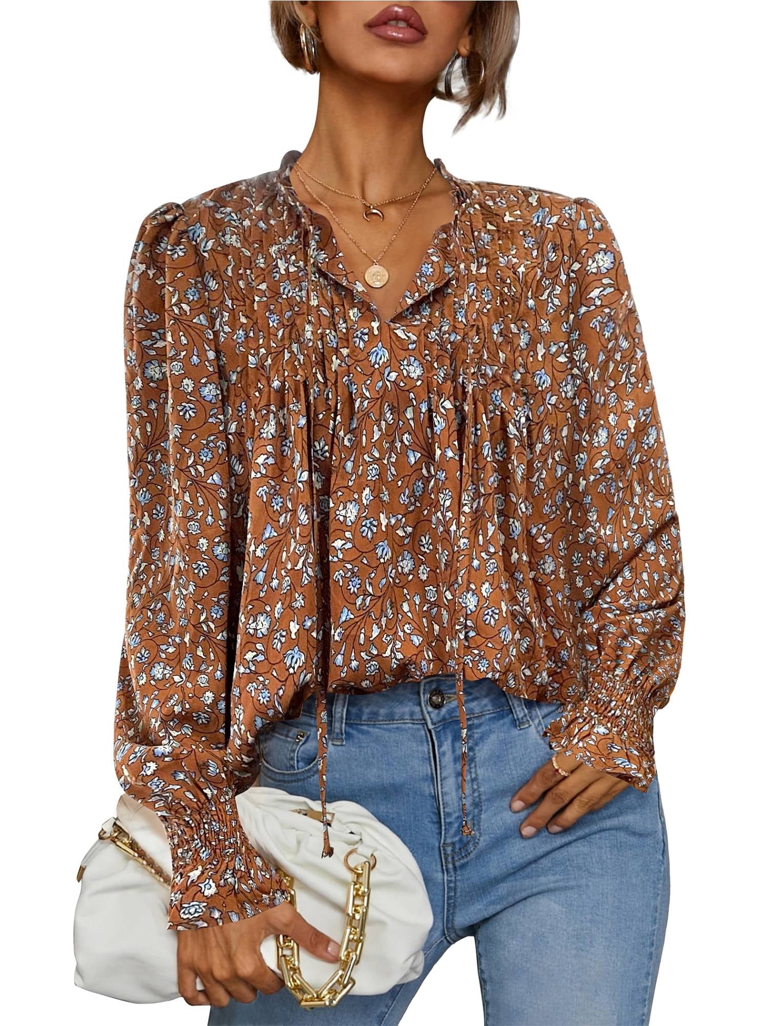 Weardear Flowy Long Sleeve Tops for Women Casual Boho Blouse Floral Printed V Neck Shirts