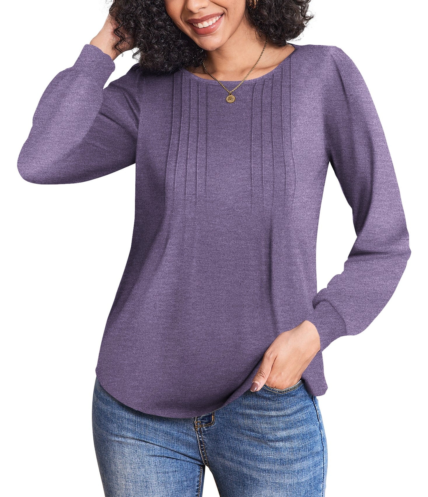 Weardear Women's Fall Blouses Puff Long Sleeve Pleated Crew Neck Tunic Tops Dressy Casual Loose Work T-Shirts