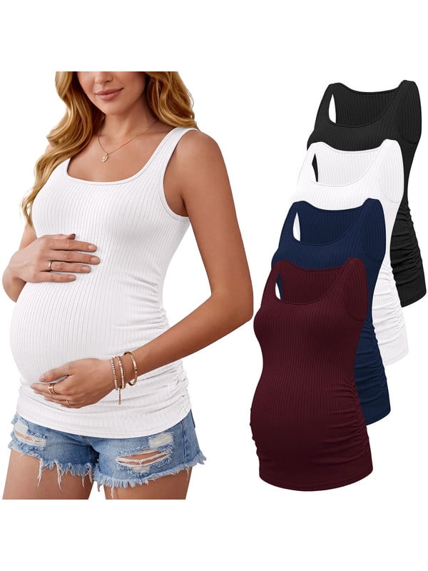 Weardear 4 Packs Maternity Tank Tops Square Neck Ribbed Pregnancy Shirts Ruched Side Summer Pregnant Clothes for Postpartum