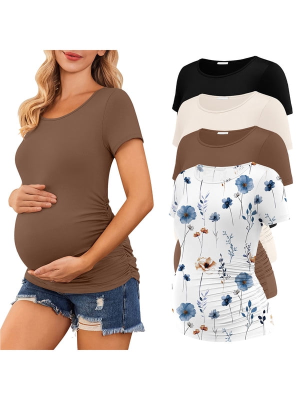 Weardear 4 Packs Maternity Tops Side Ruched Short Sleeve Pregnancy Tunic T Shirts Crew Neck Casual Maternity Clothes
