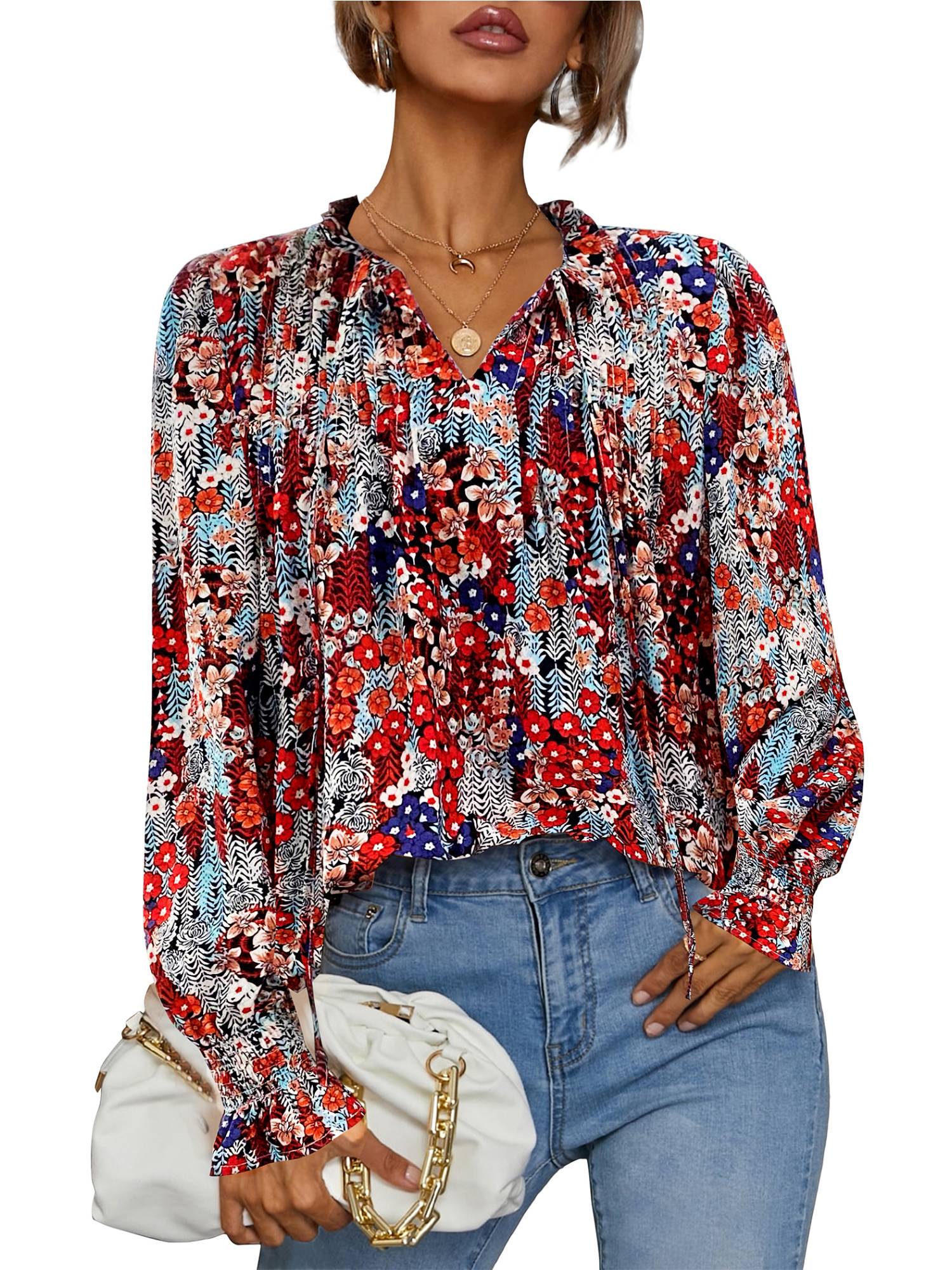 Weardear Flowy Long Sleeve Tops for Women Casual Boho Blouse Floral Printed V Neck Shirts