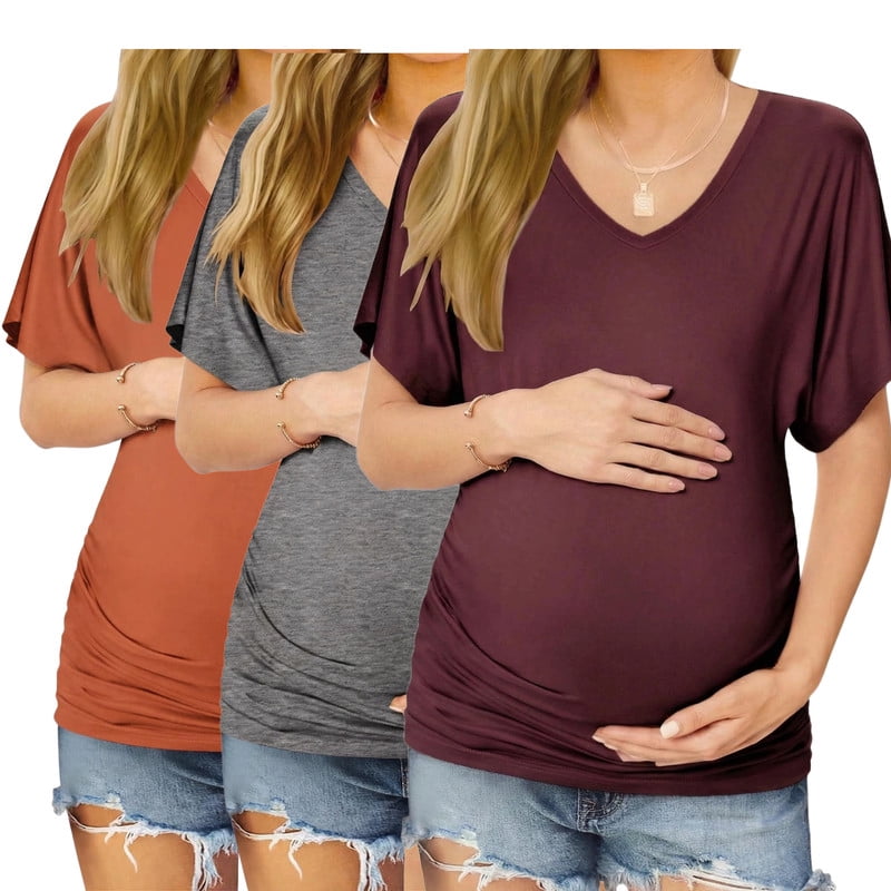 Weardear 3 Pack Maternity Shirts Dolman Sleeve Side Ruched Pregnancy Tee Tops V Neck Postpartum Tunic Blouse