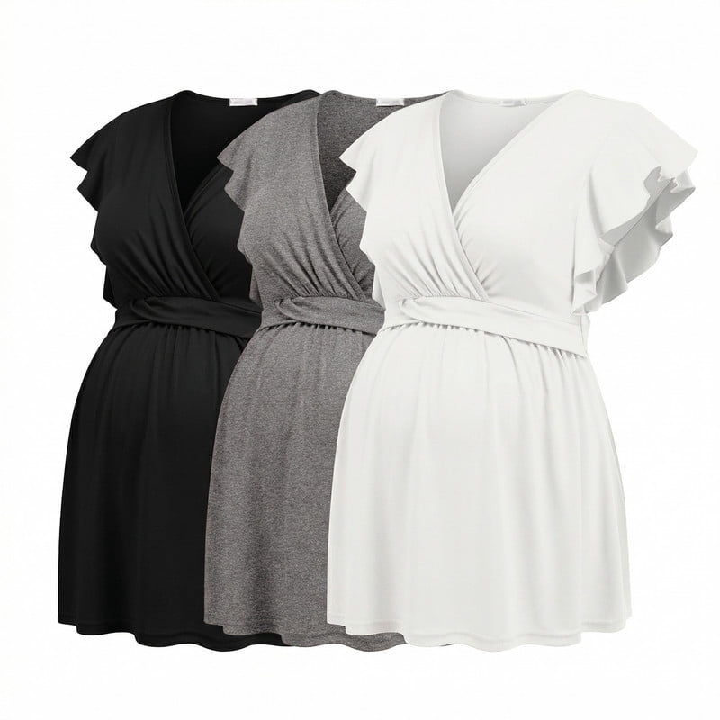 Weardear 3 Pack Maternity Tops Flying Shorts Sleeve Nursing Shirts V Neck Ruched Twisted Pregnancy Clothes