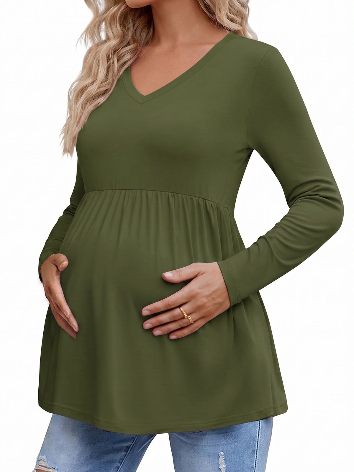 Weardear Maternity Tops Long Sleeve Pleated Waist Pregnancy Shirts V Neck Casual Pregnant Clothes Tunic Blouse for Women