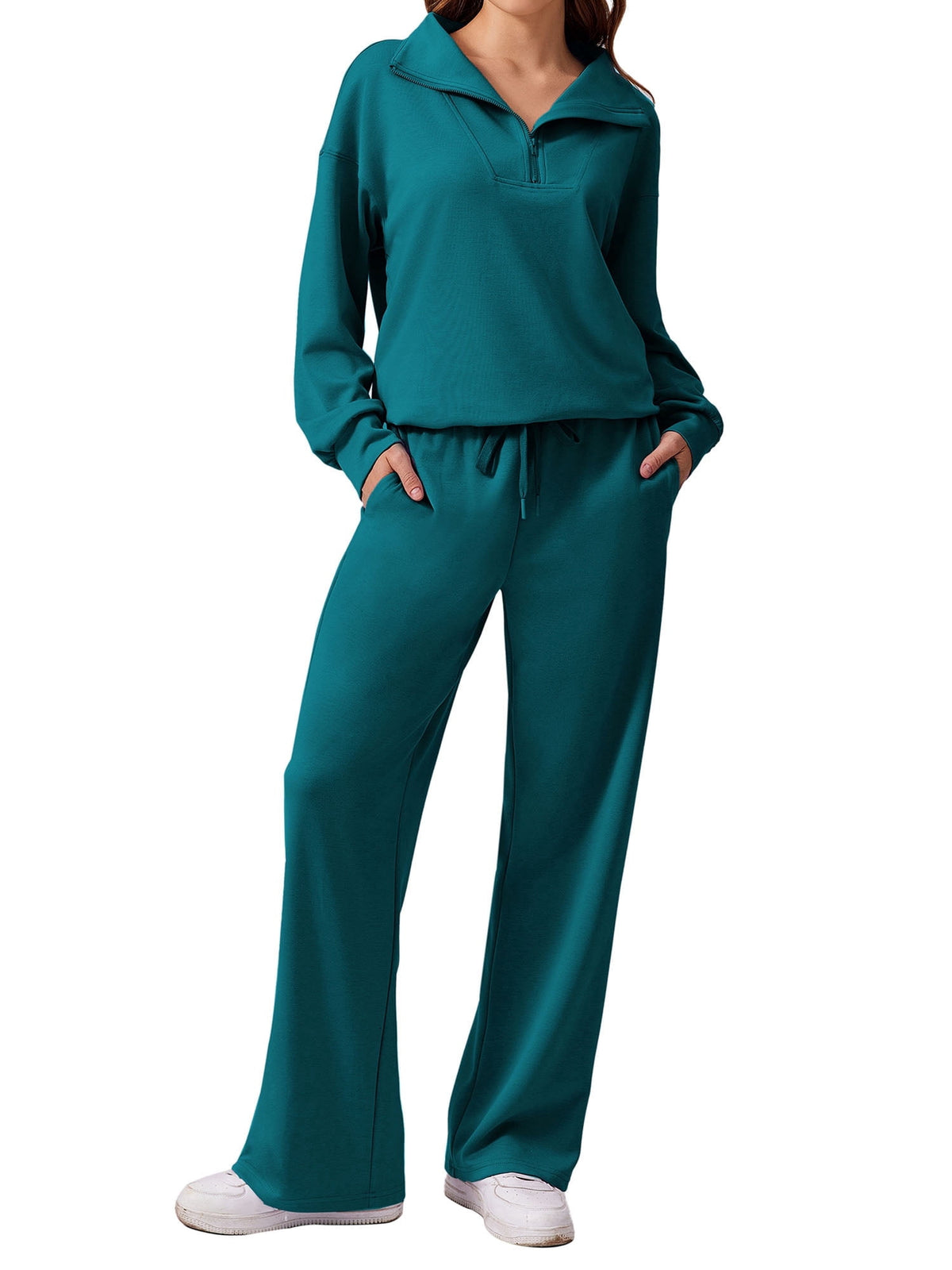 Weardear Petite 2 Piece Matching Outfit Set for Women Half Zip Long Sleeve Sweatshirt and Wide Leg Sweatpants with Pockets Casual Tracksuit