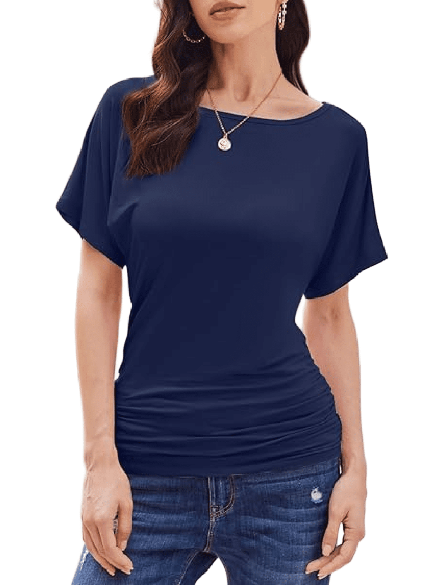 Weardear Womens Ruched Tops Dolman Short Sleeve Shirts Casual T Shirts Boat Neck Summer Off Shoulder Batwing Tops