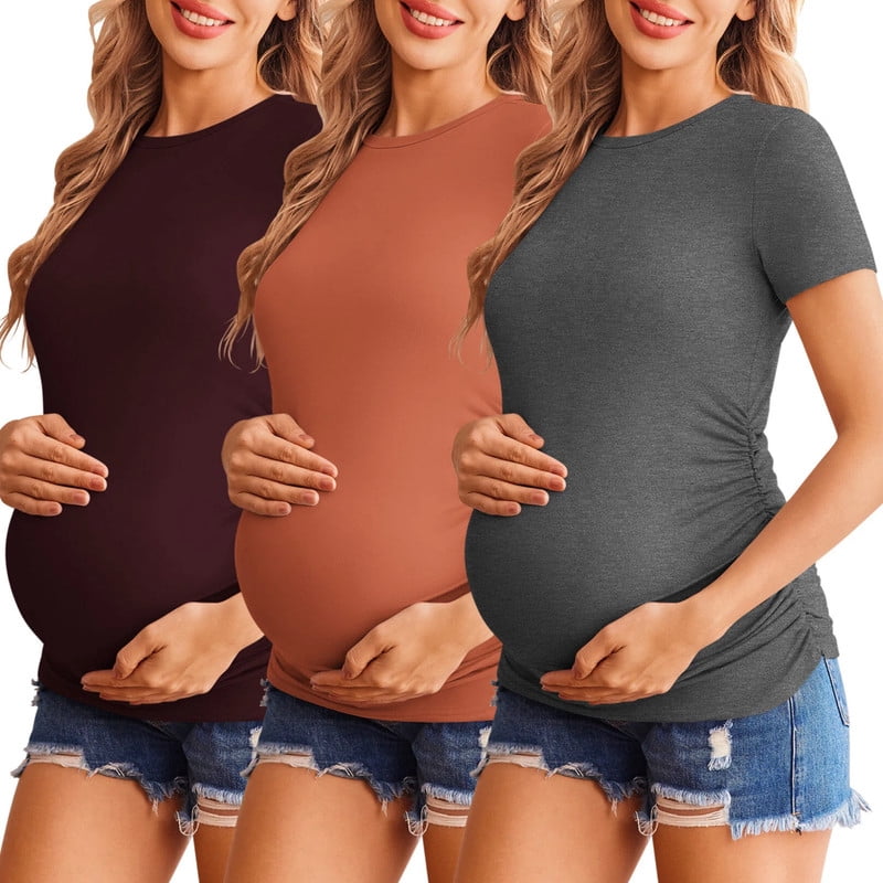 Weardear 3 Pack Maternity Shirts Side Ruched Pregnancy Tee Tops Crew Neck Short Sleeve Postpartum Clothes