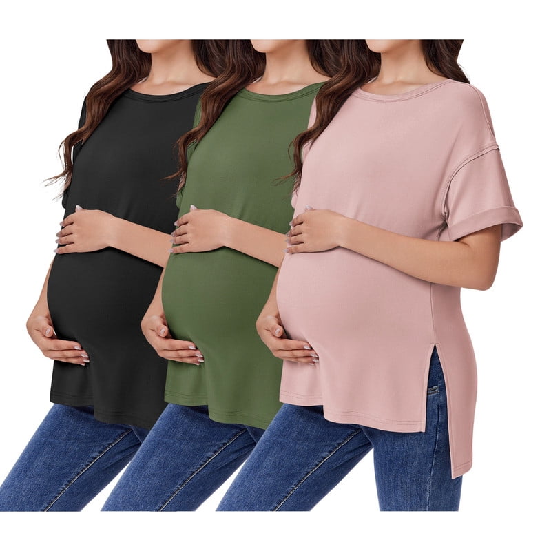 Weardear 3 Pack Maternity Shirts Split Side Oversized Pregnancy Tops Crew Neck Short Sleeve Postpartum Clothes