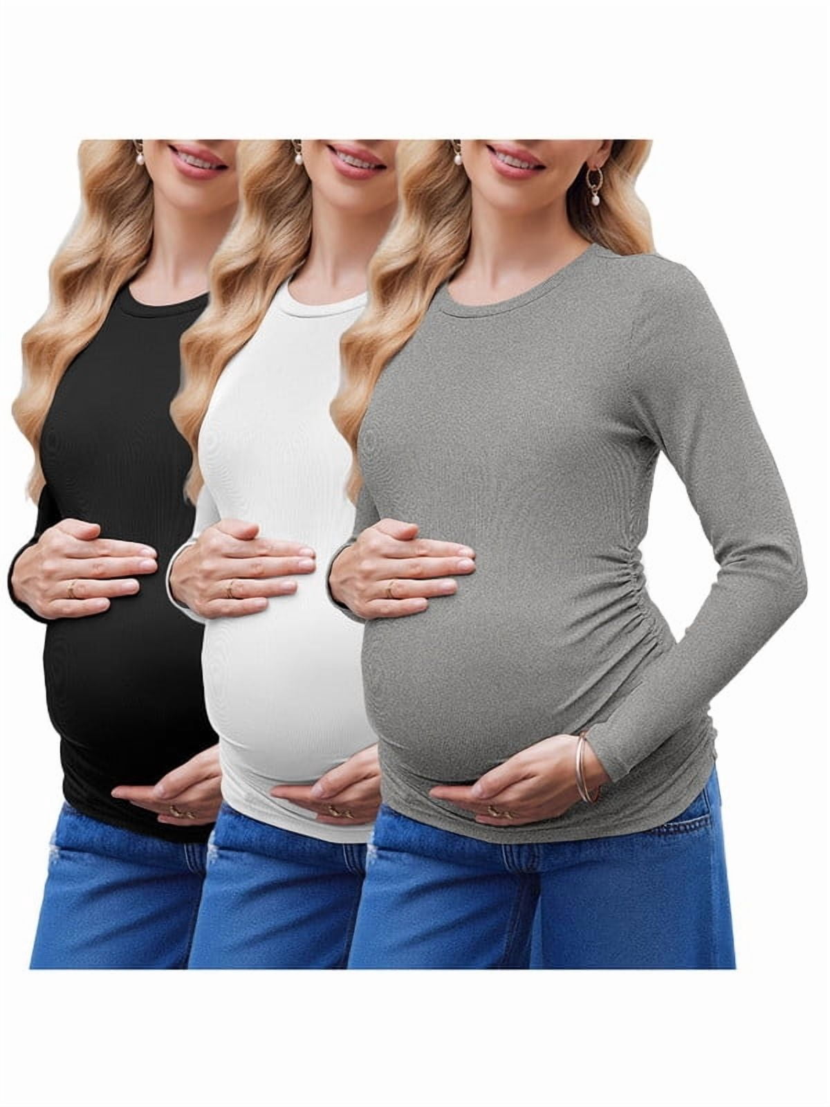 Weardear 3 Pack Maternity Shirts Ruched Side Long Sleeve Pregnancy Basic T-Shirt Casual Round Neck Pregnant Tops