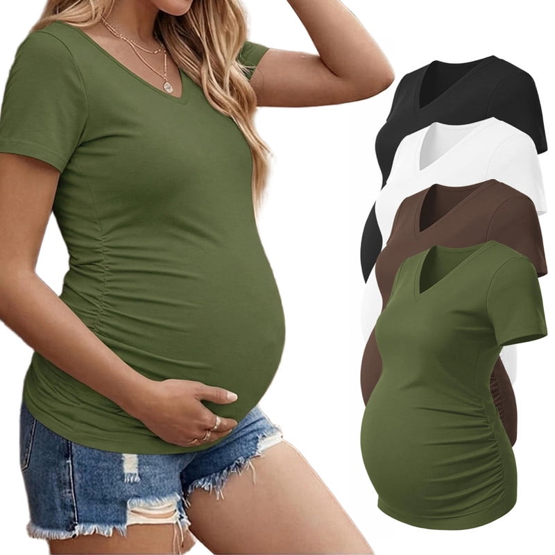 Weardear 4 Pack Maternity Shirts Side Ruched Pregnancy Tee Tops V Neck Short Sleeve Postpartum Clothes