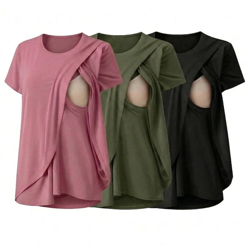 Weardear 3 Pack Maternity Nursing Shirts Double Layer Breastfeeding Tops Short Sleeve Crew Neck Tees Postpartum Clothes