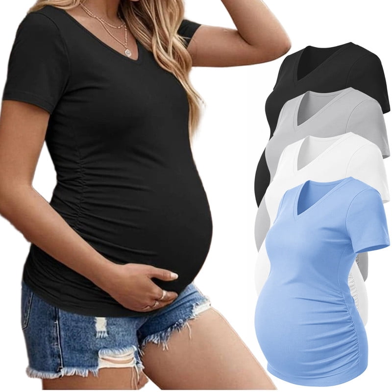 Weardear 4 Pack Maternity Shirts Side Ruched Pregnancy Tee Tops V Neck Short Sleeve Postpartum Clothes