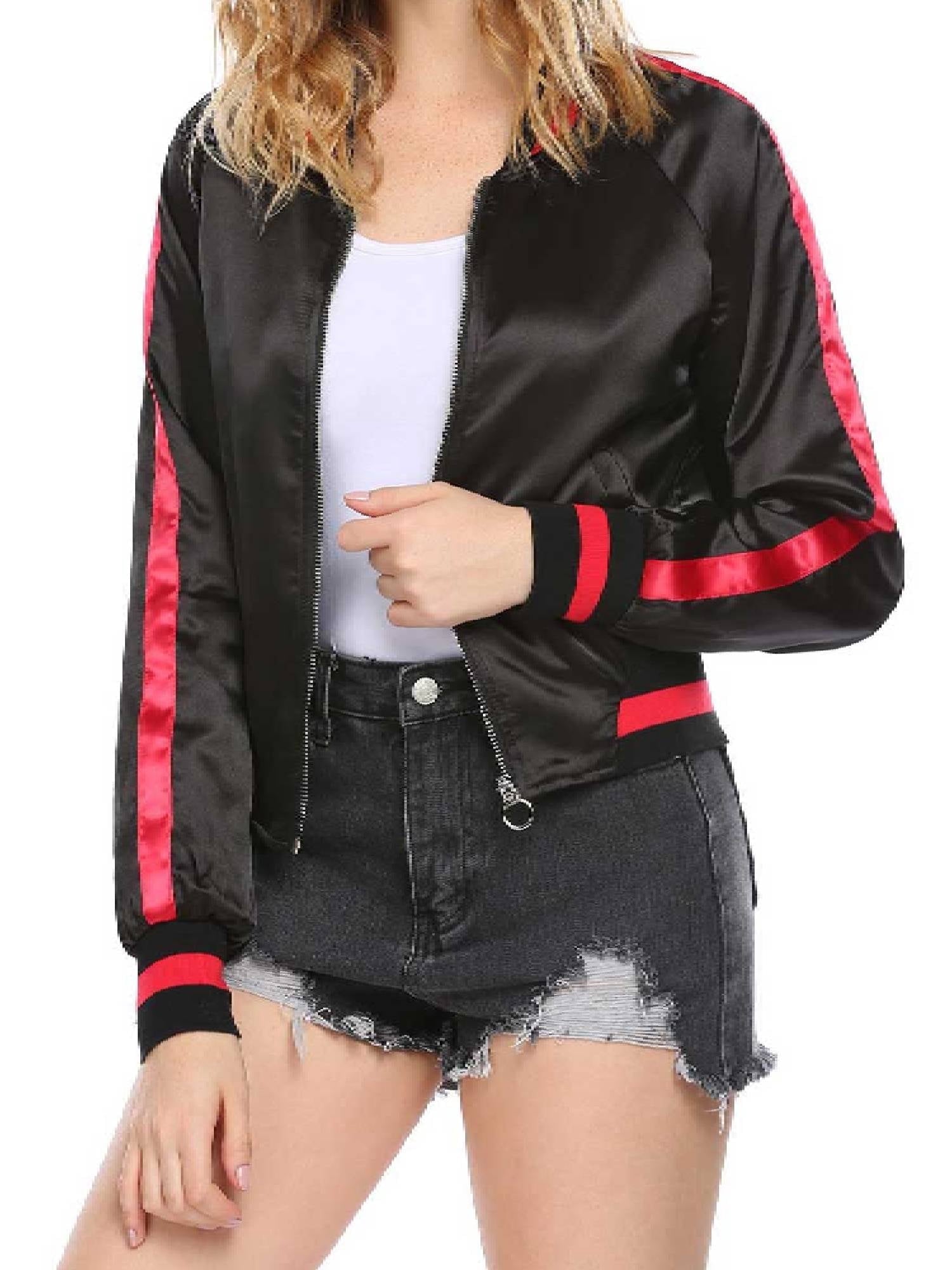 Weardear Women's Bomber Jacket Lightweight Striped Zip Up Casual Windbreaker with Pockets