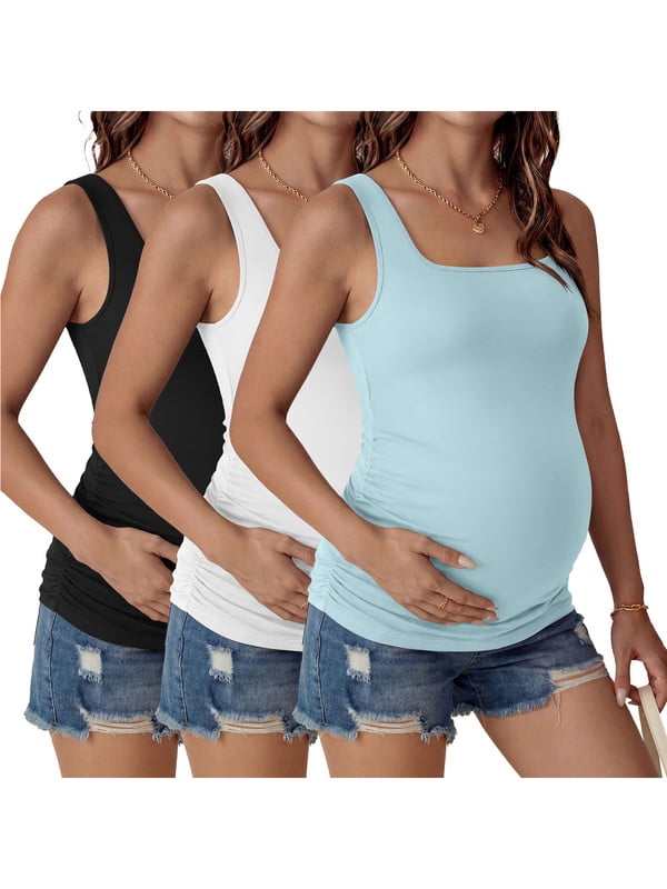 Weardear 3 Pack Womens Maternity Tank Tops Square Neck Ruched Side Pregnant Basic T Shirt Casual Sleeveless Pregnancy Tunic Tops