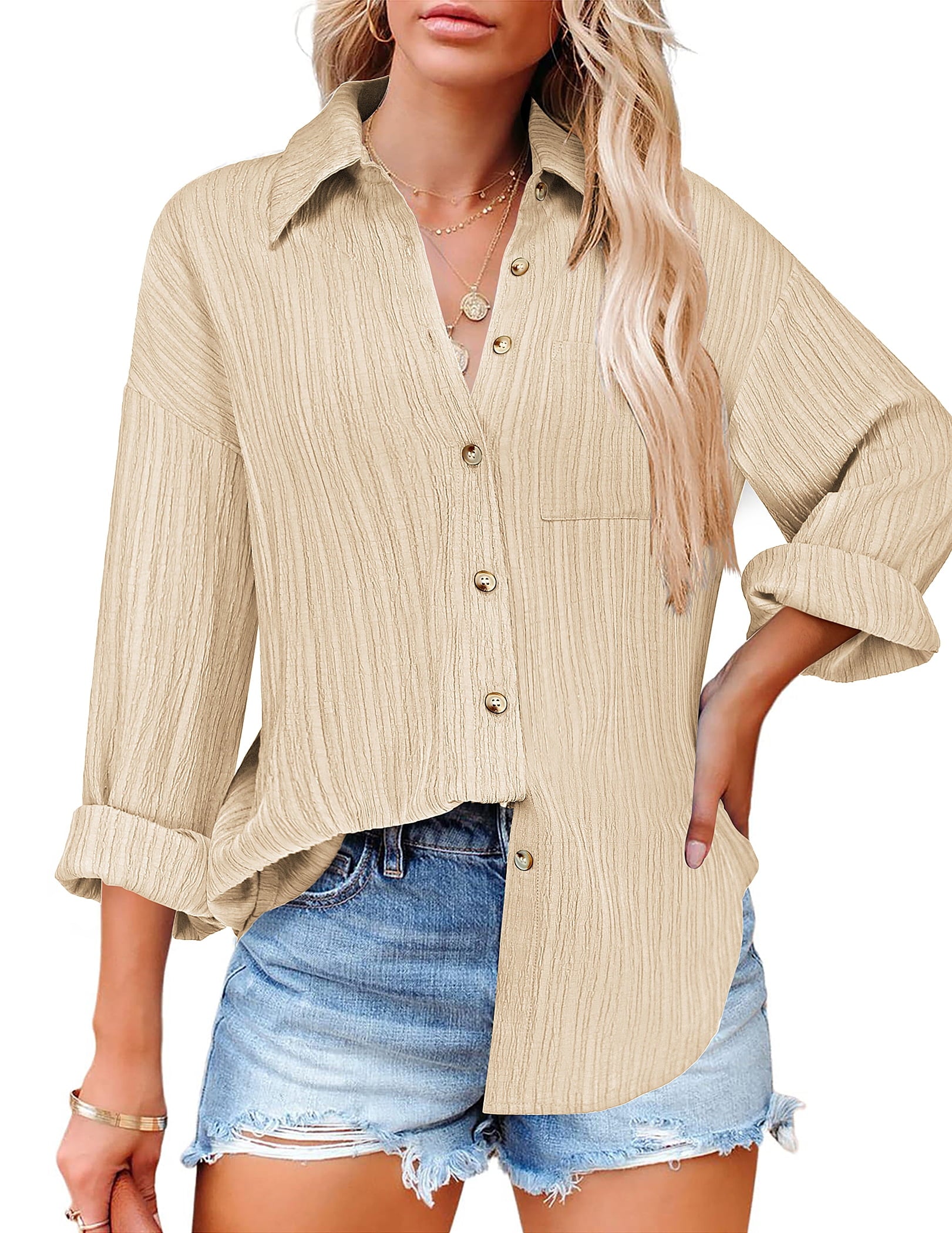 Weardear Womens Button Down Shirts Casual Long Sleeve Dress Shirt Textured Collared Work Blouse Top with Pocket