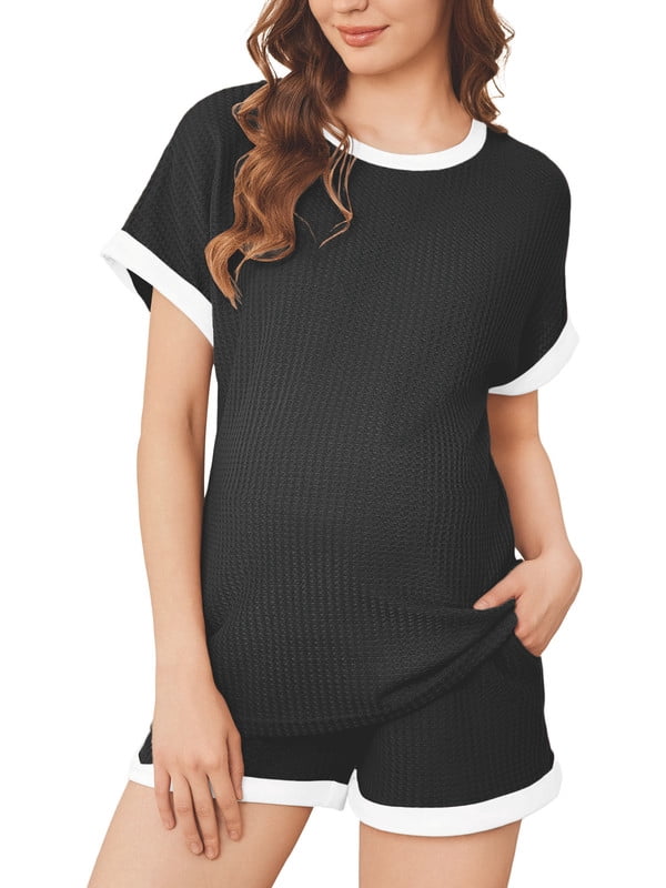 Weardear Maternity Outfits Set 2 Piece Matching Sets Waffle Knit Raglan Short Sleeve Tops and Shorts with Pockets Casual Pregnancy Loungewear