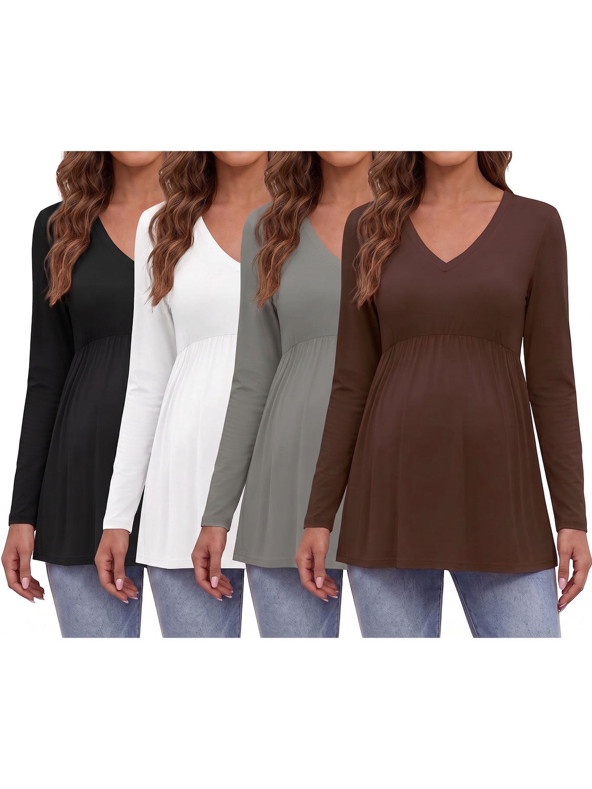Weardear Maternity Tops Long Sleeve Pleated Waist Pregnancy Shirts V Neck Casual Pregnant Clothes Tunic Blouse for Women