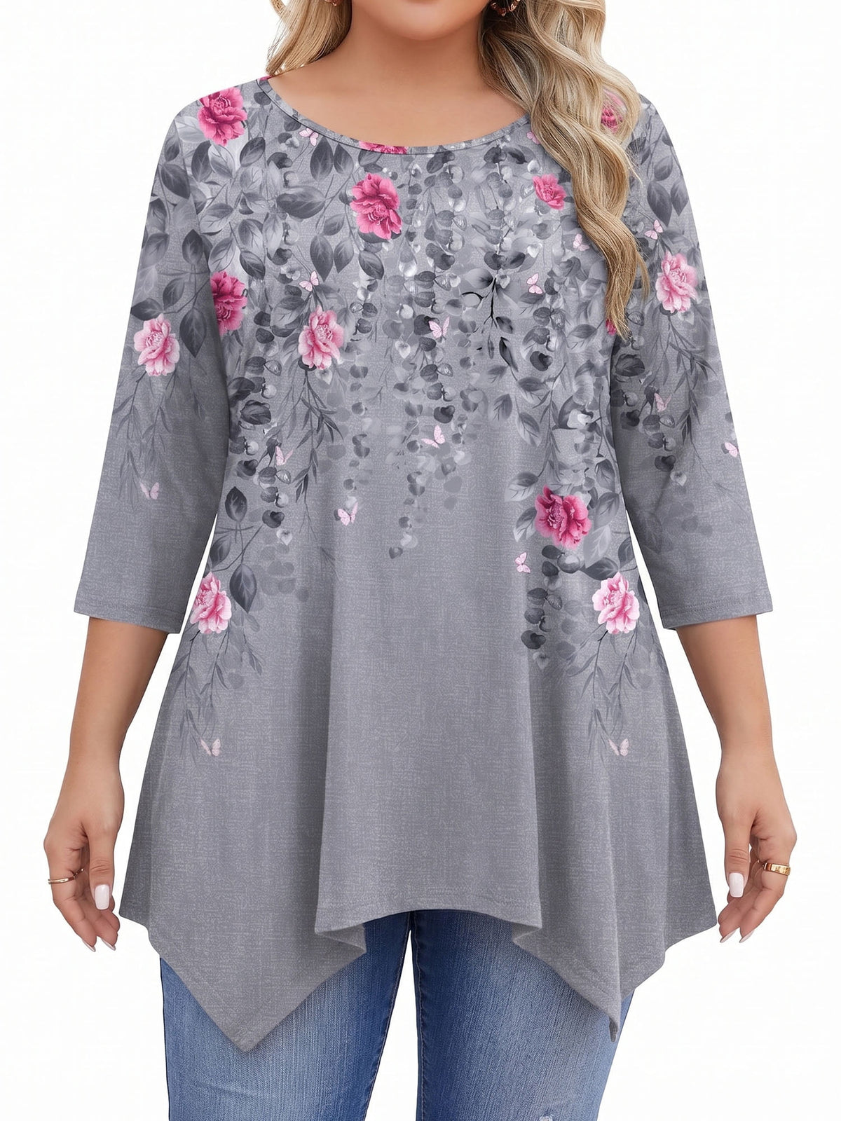 Weardear Plus Size Tops for Women 3/4 Sleeve Round Neck Tunic Top Loose Fit Flowy Blouse