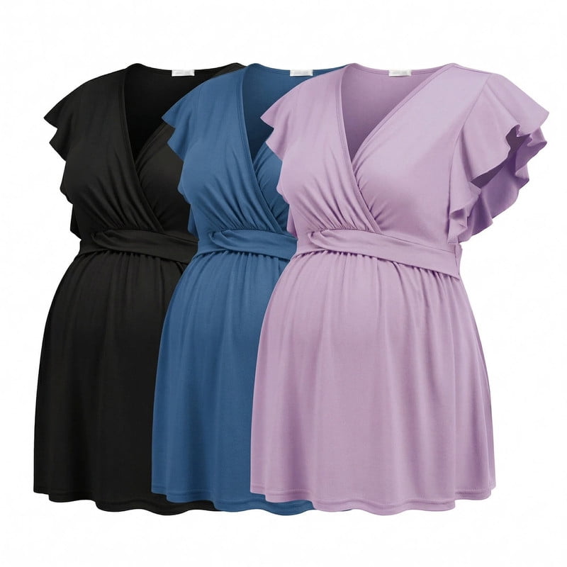 Weardear 3 Pack Maternity Tops Flying Shorts Sleeve Nursing Shirts V Neck Ruched Twisted Pregnancy Clothes