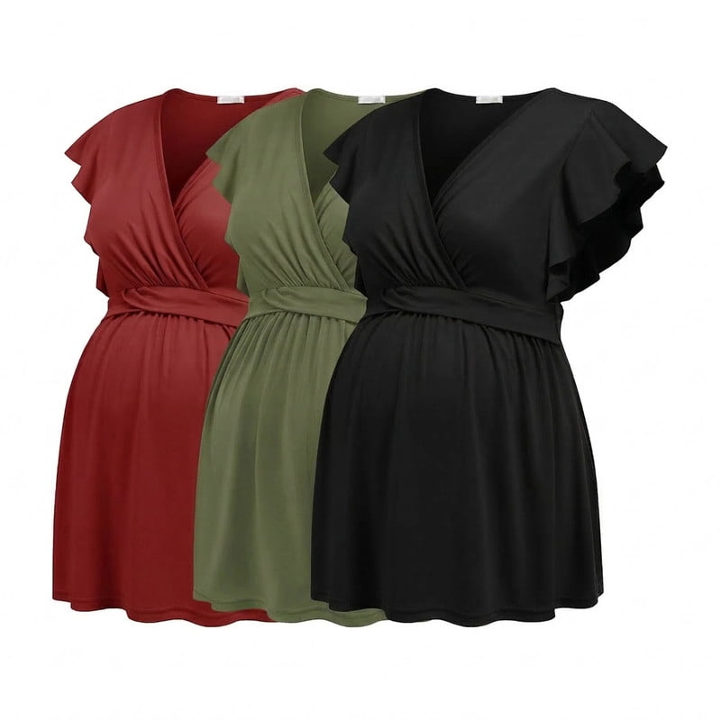 Weardear 3 Pack Maternity Tops Flying Shorts Sleeve Nursing Shirts V Neck Ruched Twisted Pregnancy Clothes