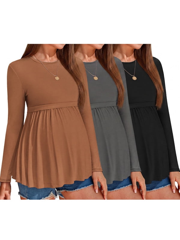 Weardear 3 Pack Womens Maternity Tops Pleated Long Sleeve Pregnancy Shirts Regular Fit Tunic Casual Maternity Clothes