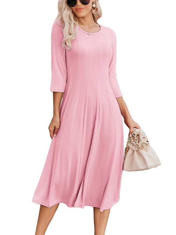 Weardear 3/4 Sleeve Dress for Women Midi T Shirt Dresses Casual Crew Neck Loose Fit Dress