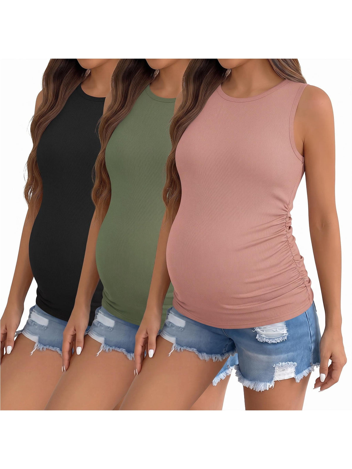 Weardear 3 Pack Maternity Tank Tops Ruched Side Ribbed Knit Pregnancy Shirts Sleeveless Crew Neck Postpartum Clothes