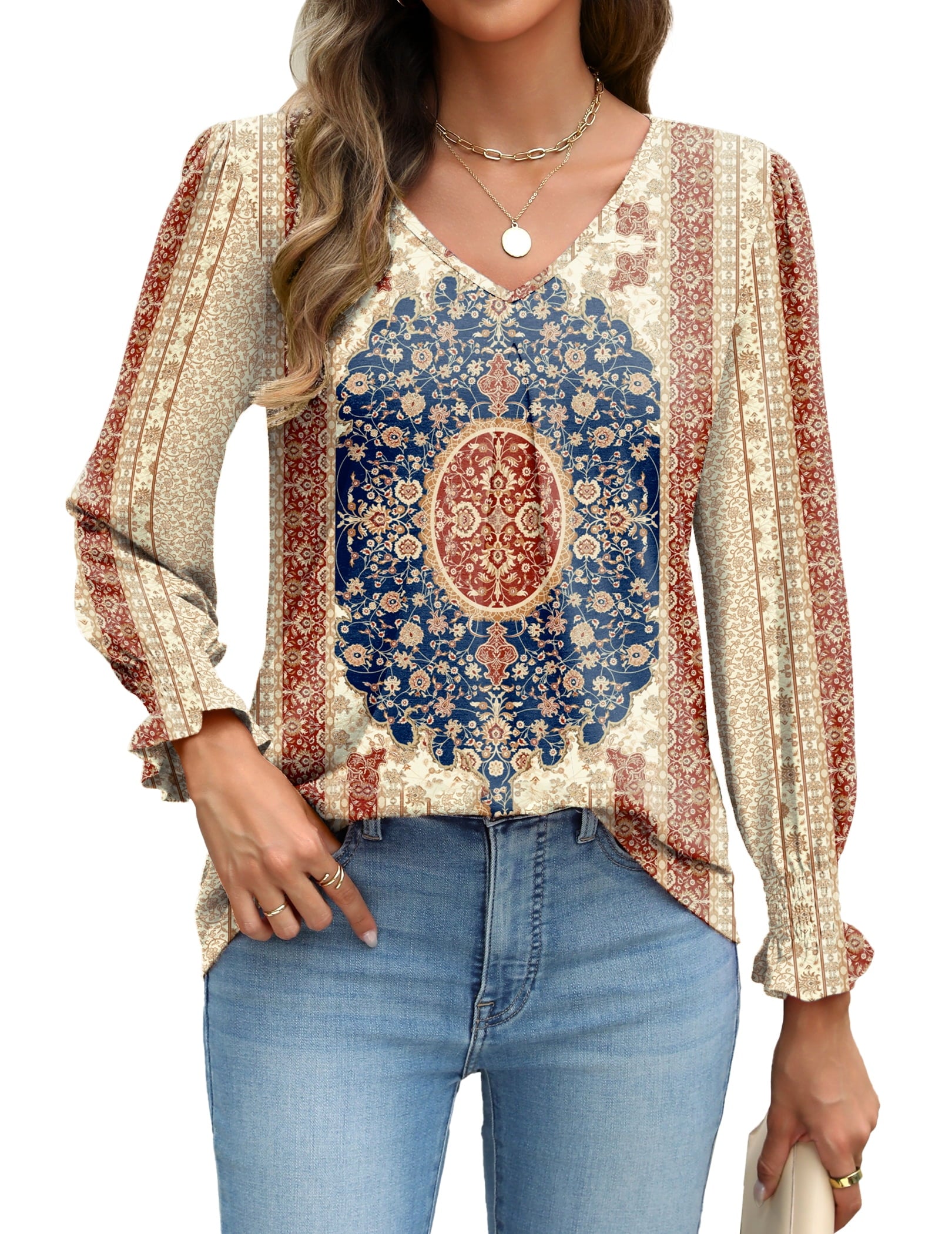 Weardear Long Sleeve Tops for Women Casual V Neck Loose Chiffon Work Blouse Smocked Tunic Shirts