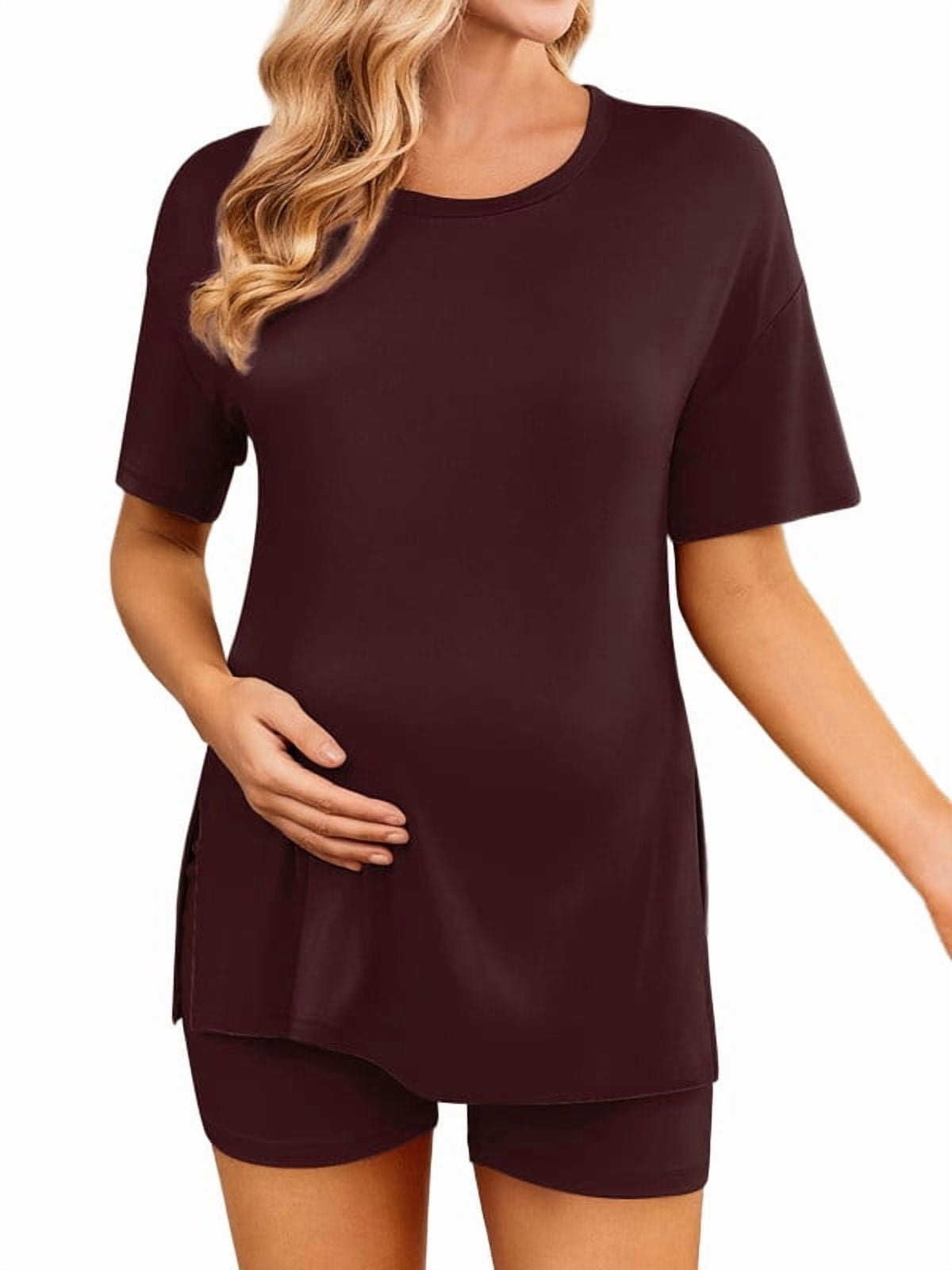 Weardear Maternity Sets 2 Piece Outfits Drop Shoulder Short Sleeve Split Side Shirts and Biker Shorts Summer Pregnancy Clothes
