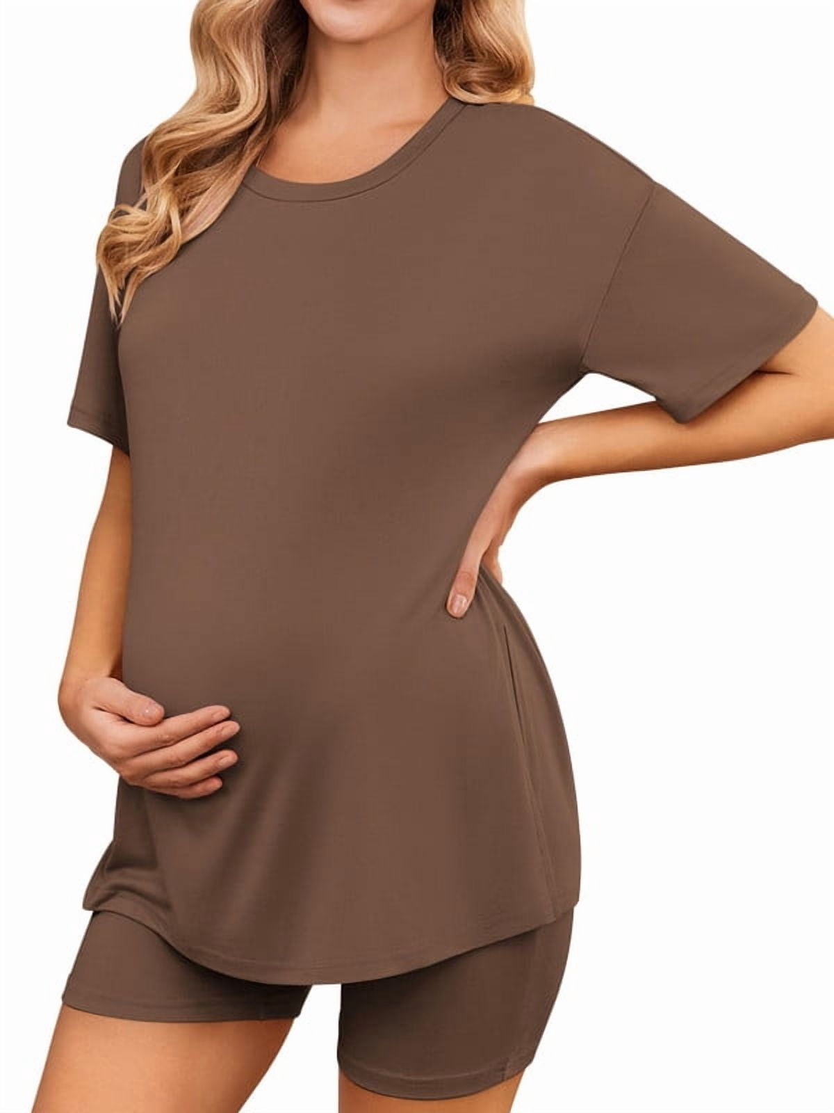 Weardear Maternity Sets 2 Piece Outfits Drop Shoulder Short Sleeve Split Side Shirts and Biker Shorts Summer Pregnancy Clothes