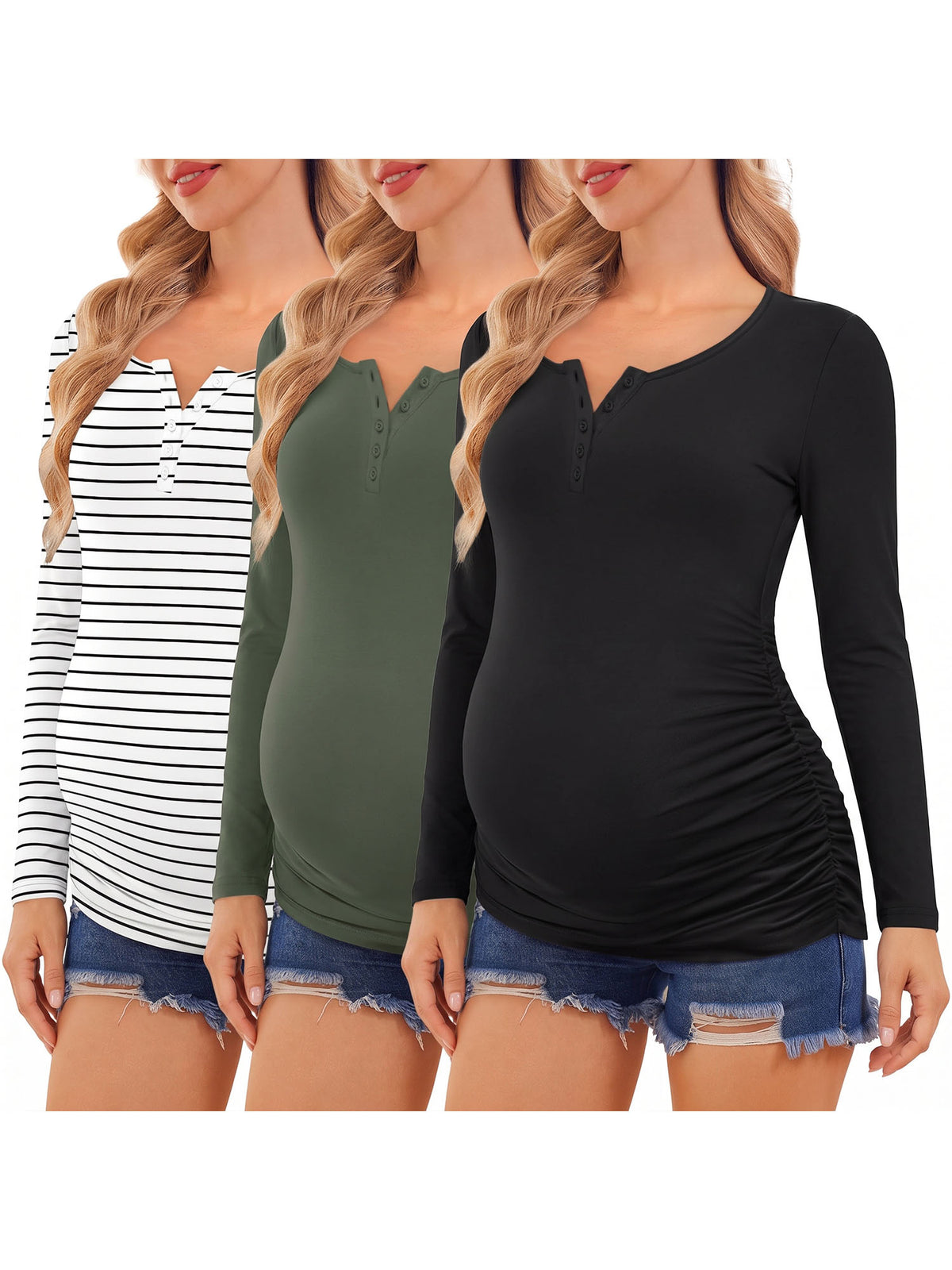 Button Up Henley Neck Pregnancy Tops