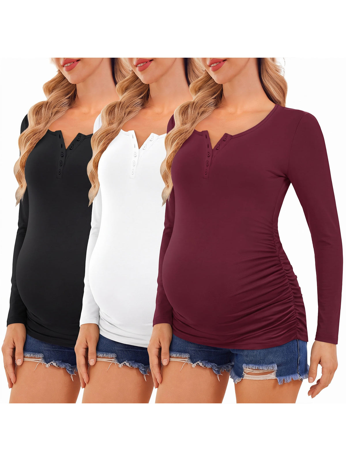Weardear 3 Packs Women's Maternity Shirts Button Up Henley Neck Pregnancy Tops Long Sleeve Side Ruched Pregnant T Shirt for Postpartum