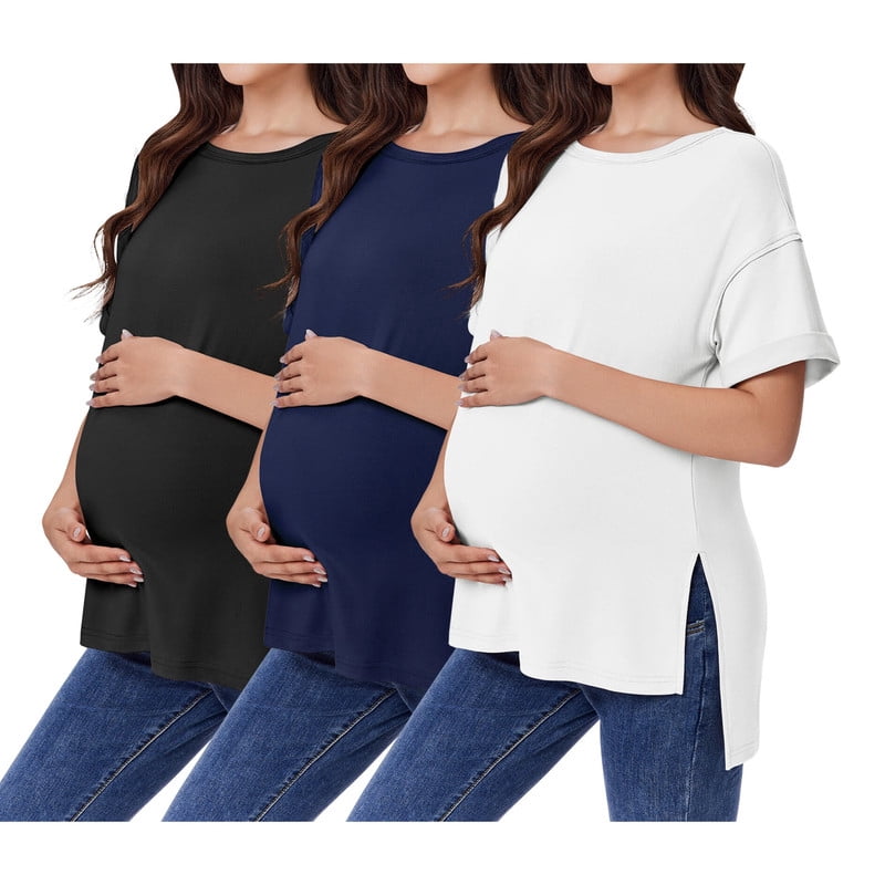 Weardear 3 Pack Maternity Shirts Split Side Oversized Pregnancy Tops Crew Neck Short Sleeve Postpartum Clothes
