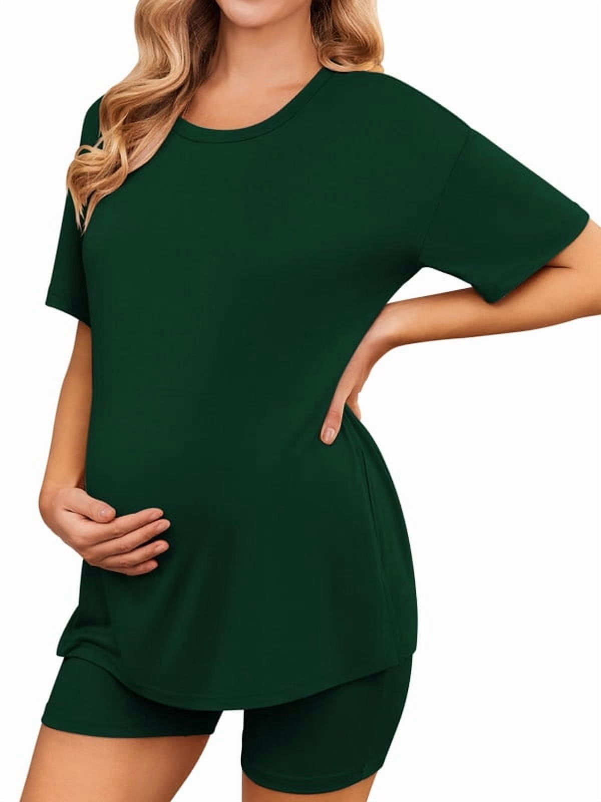Weardear Maternity Sets 2 Piece Outfits Drop Shoulder Short Sleeve Split Side Shirts and Biker Shorts Summer Pregnancy Clothes