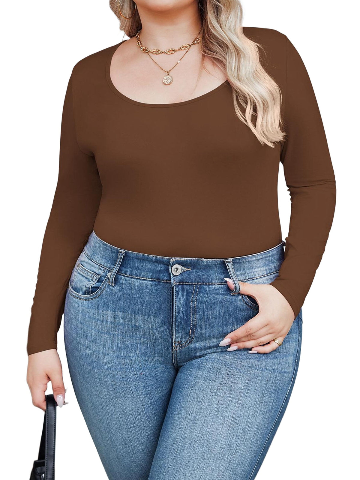 Weardear Plus Size Tops for Women Scoop Neck Long Sleeve Tight T Shirts Casual Basic Tunic Tops