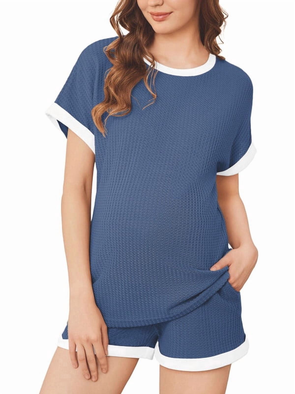 Weardear Maternity Outfits Set 2 Piece Matching Sets Waffle Knit Raglan Short Sleeve Tops and Shorts with Pockets Casual Pregnancy Loungewear