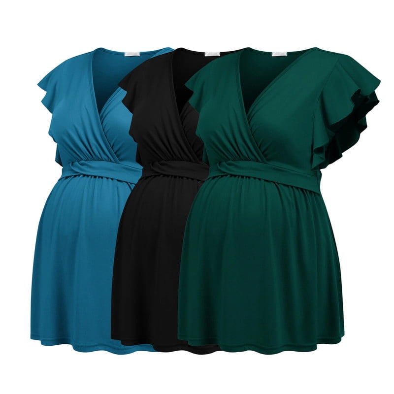 Weardear 3 Pack Maternity Tops Flying Shorts Sleeve Nursing Shirts V Neck Ruched Twisted Pregnancy Clothes