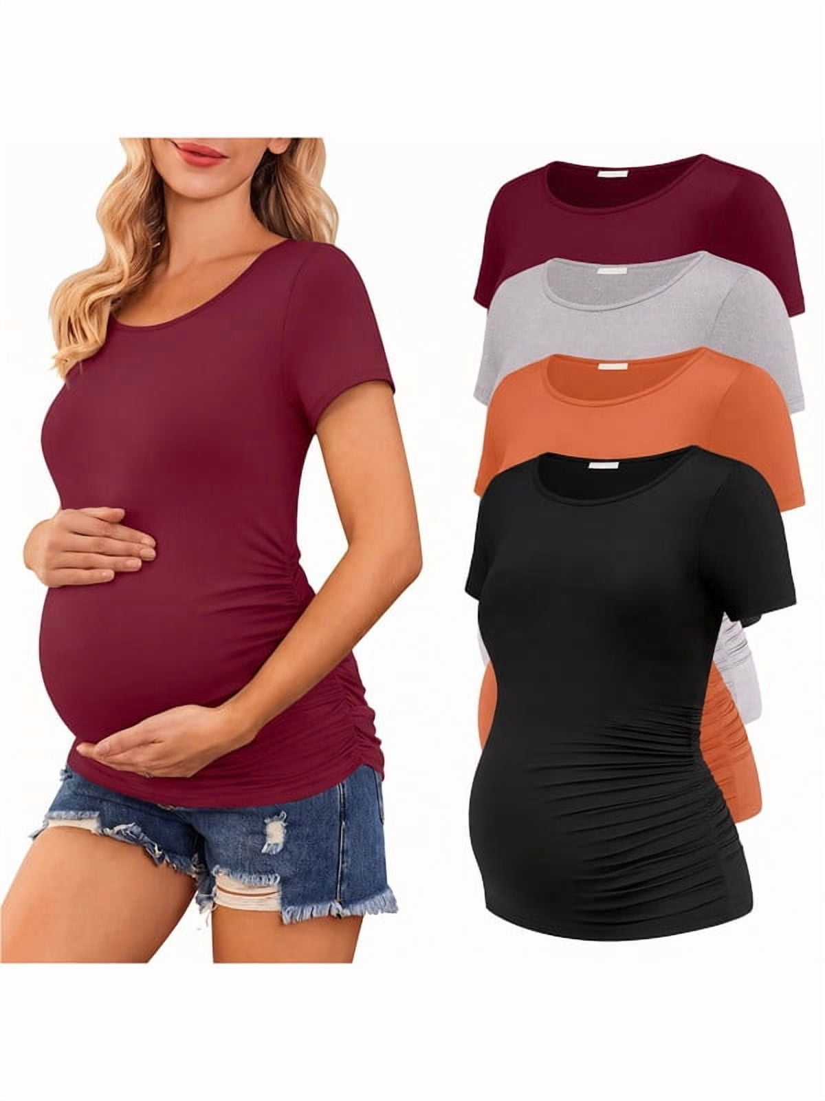 Weardear 4 Packs Maternity Tops Side Ruched Short Sleeve Pregnancy Tunic T Shirts Crew Neck Casual Maternity Clothes