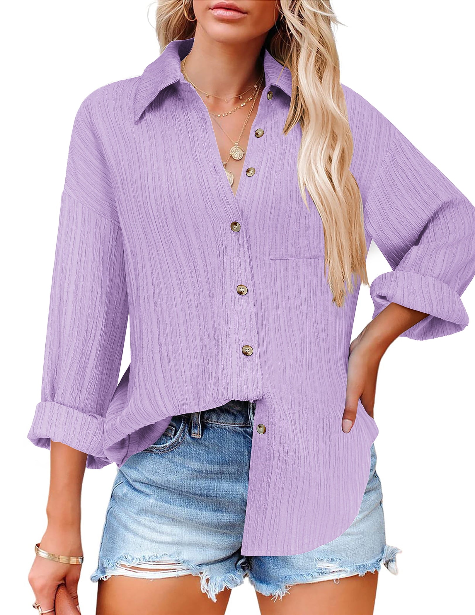 Weardear Womens Button Down Shirts Casual Long Sleeve Dress Shirt Textured Collared Work Blouse Top with Pocket