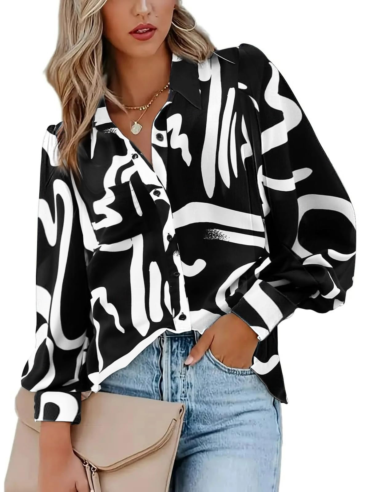 Weardear Womens Shirts Button Down Printed Lantern Long Sleeve Blouse Fashion Casual Tops 2025
