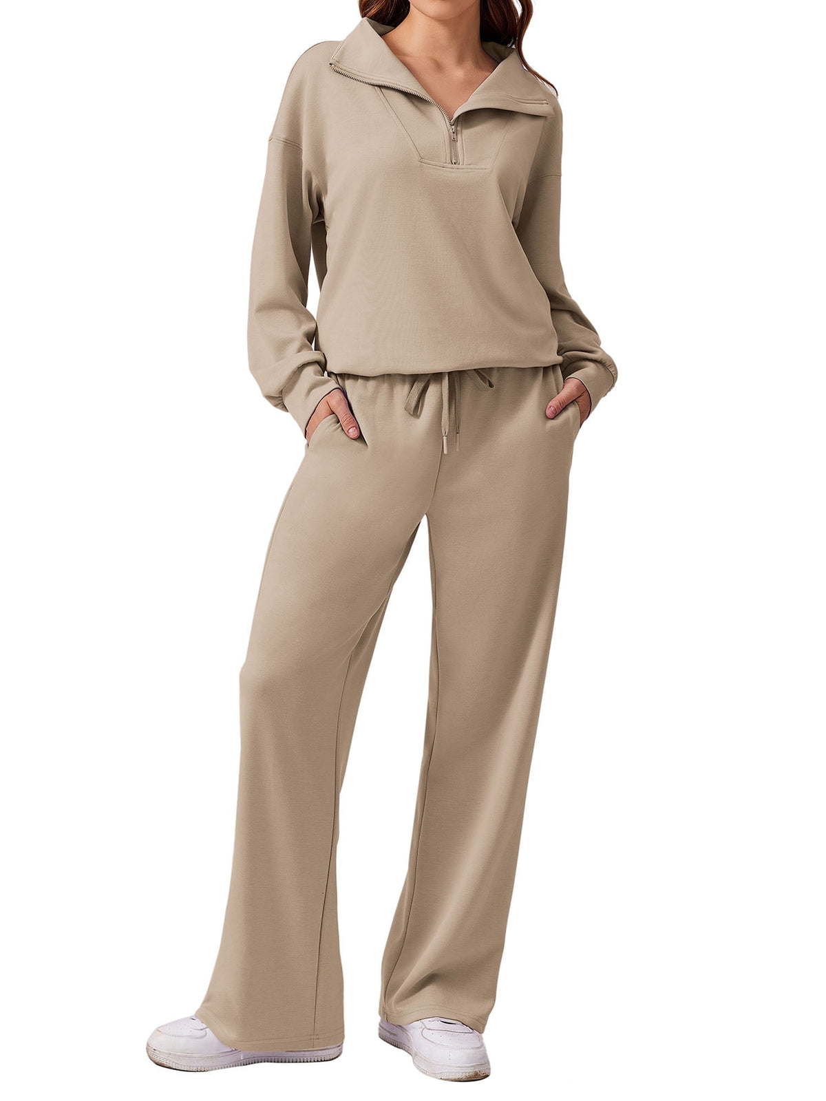 Weardear 2 Piece Matching Outfit Set for Women Half Zip Long Sleeve Sweatshirt and Wide Leg Sweatpants with Pockets Casual Tracksuit