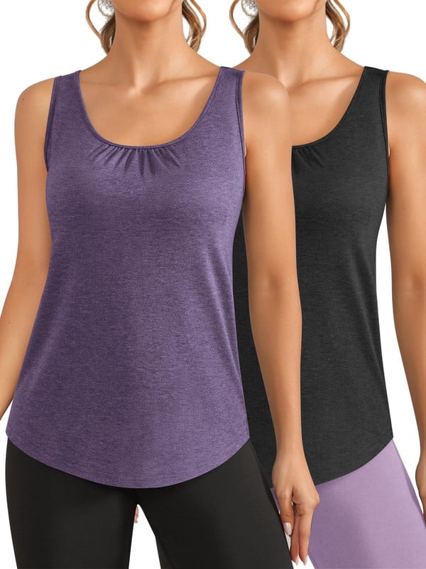 Weardear 2 Pack Workout Tops for Women Racerback Yoga Tank Tops Loose Sleeveless Running Gym Shirts with Wide Strap