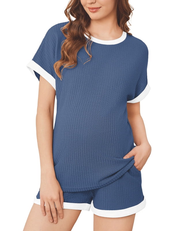 Weardear Maternity Outfits Set 2 Piece Matching Sets Waffle Knit Raglan Short Sleeve Tops and Shorts with Pockets Casual Pregnancy Loungewear
