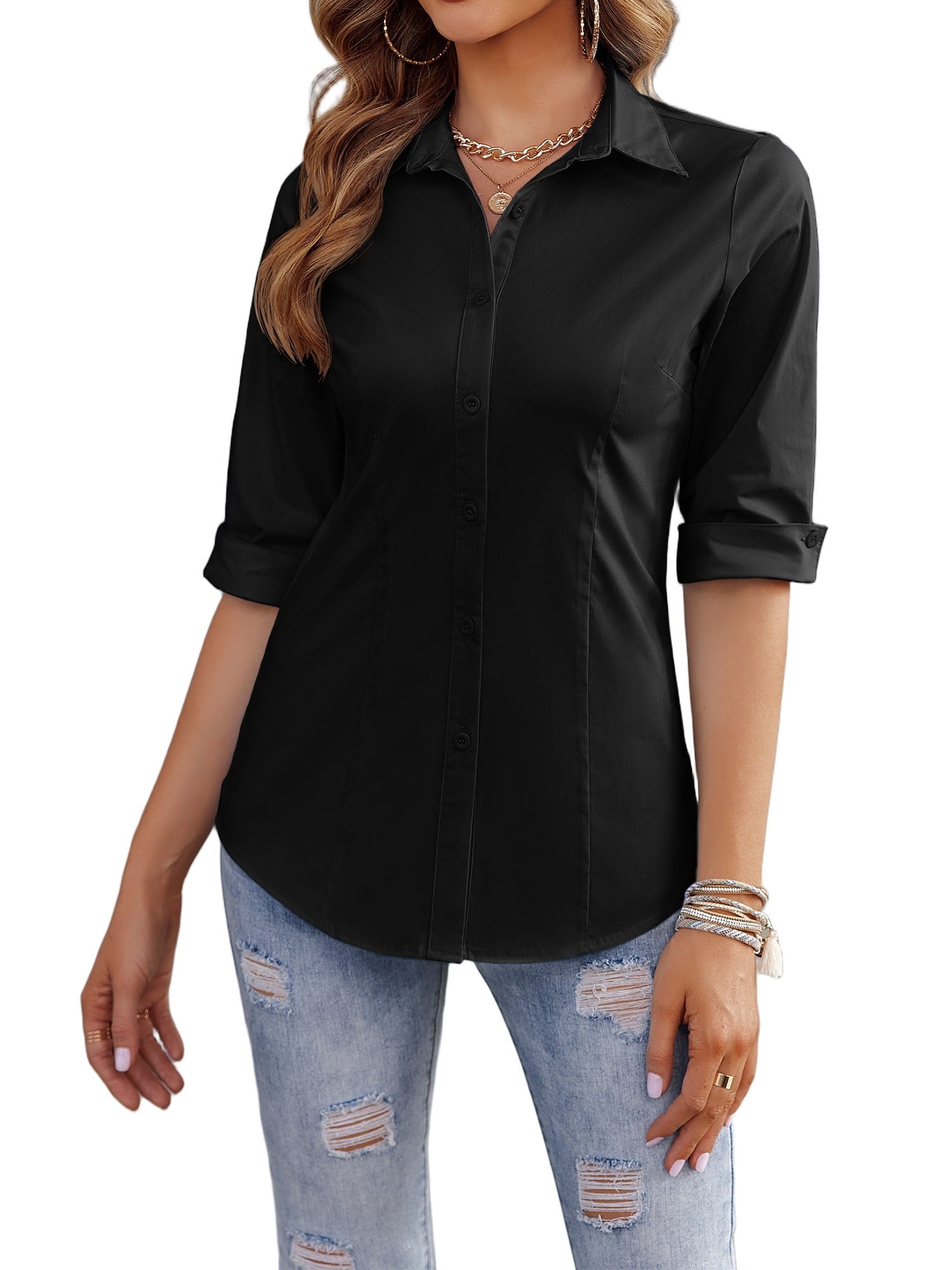 Weardear Women's Button Down Dress Shirts Long Sleeve Slim Fit Business Collared Work Office Blouses Tops