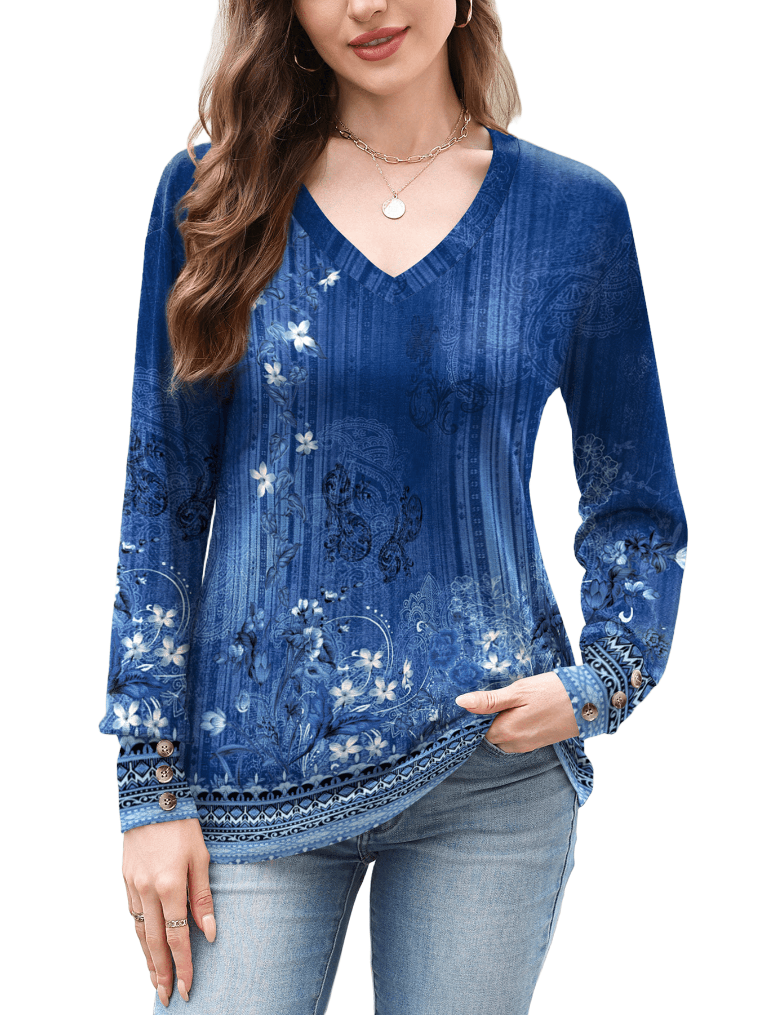 Weardear Women Casual Dressy Tops V Neck Long Sleeve Blouse Loose Fit Trendy Tunic Clothes