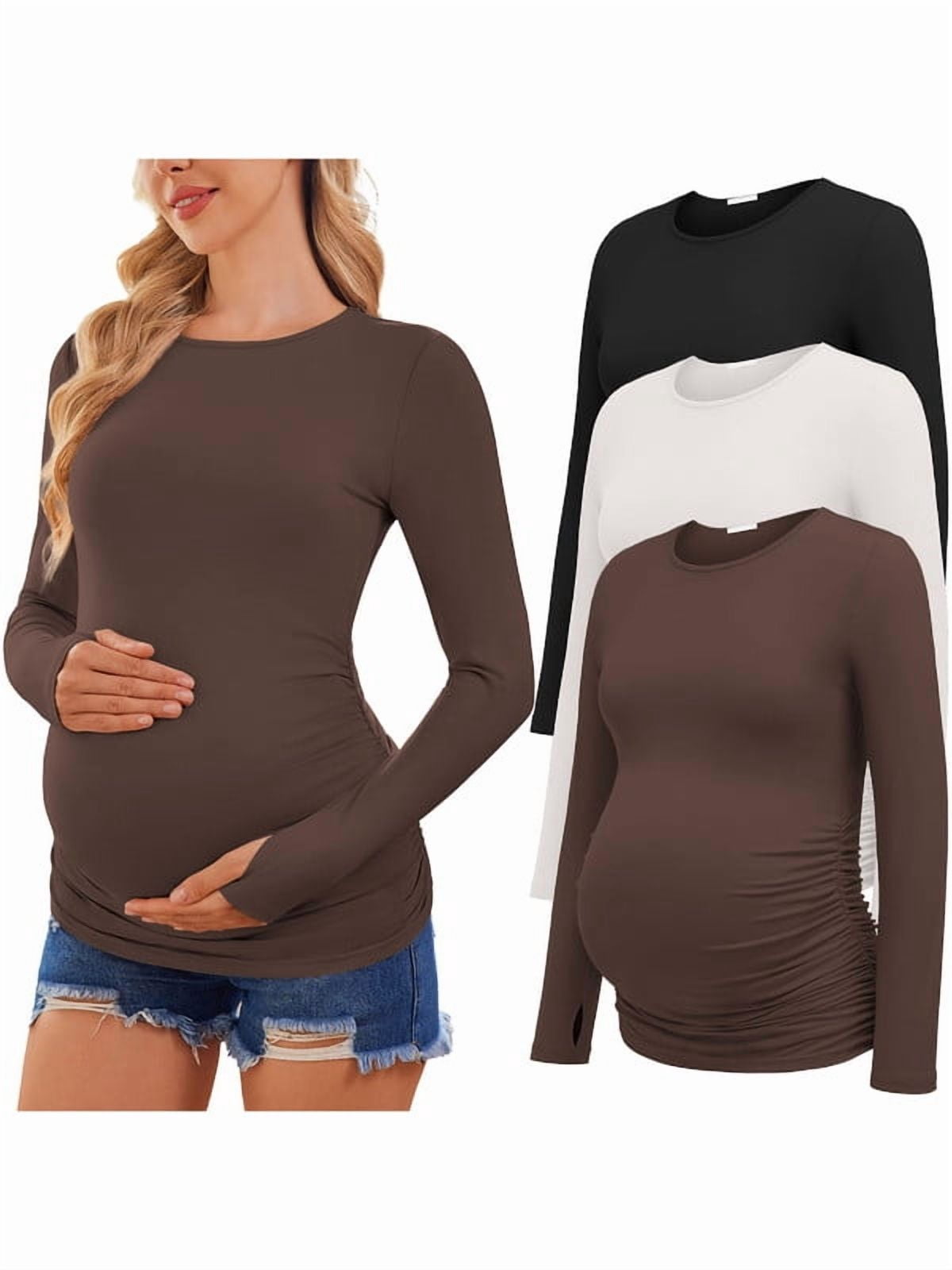 Weardear 3 Pack Maternity Shirts Long Sleeve Side Ruched Pregnancy Workout Tops with Thumb Hole Casual Crew Neck Tshirts for Women